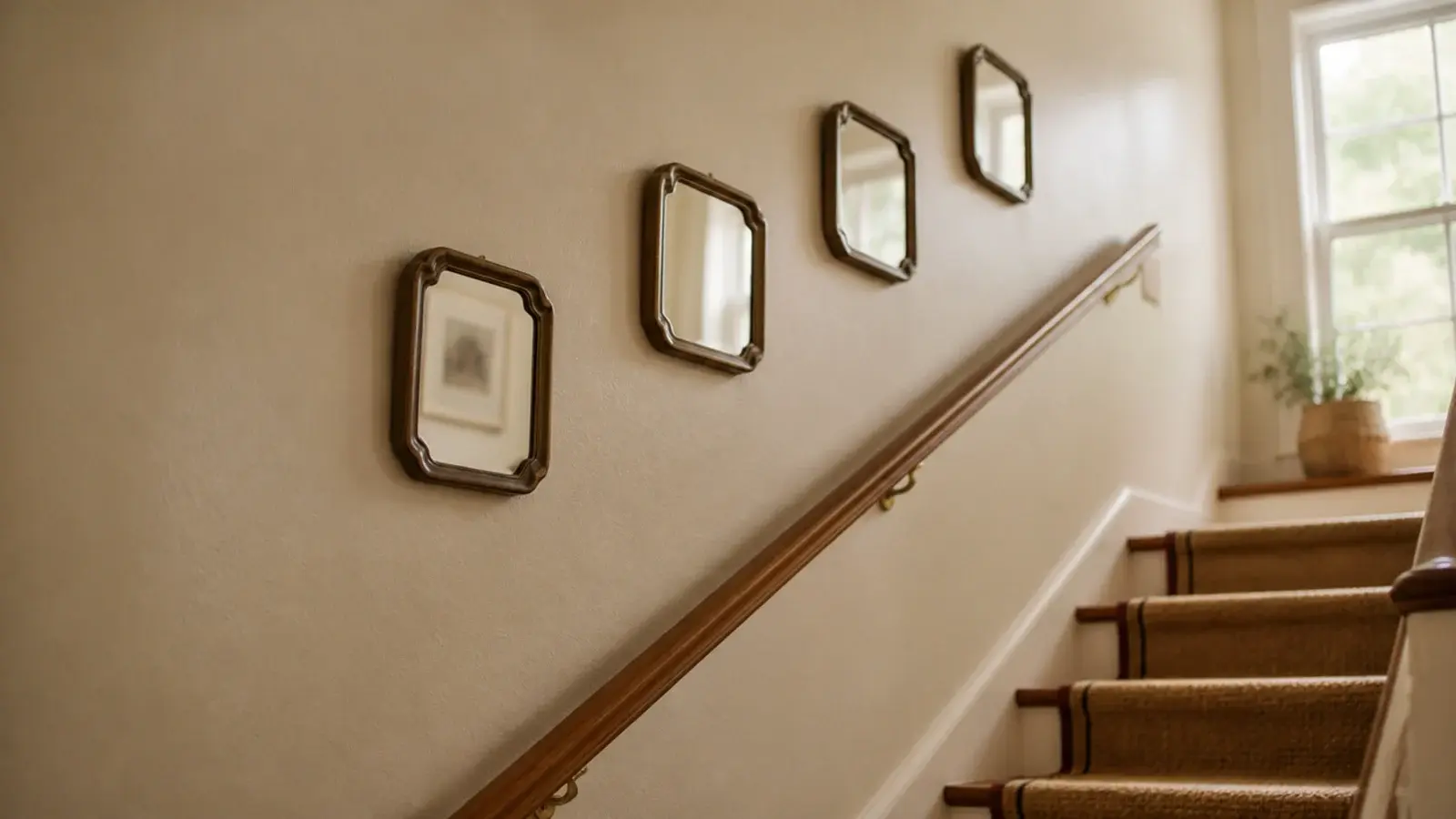 mirrors stepping diagonally up a staircase wall in a cream hallway