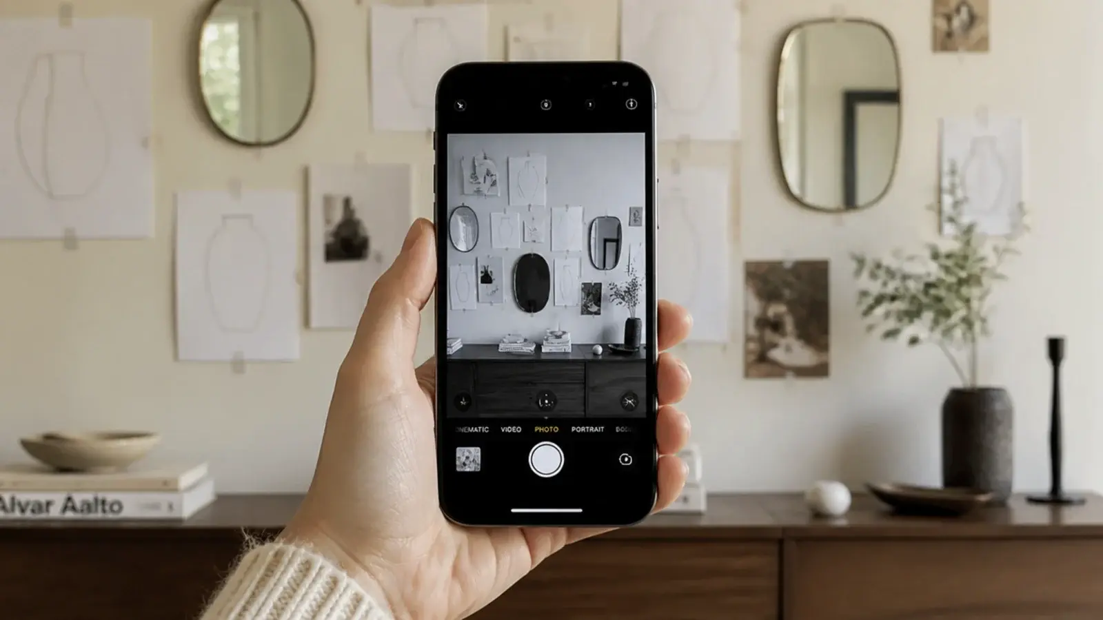 phone screen showing a greyscale photo of a planned mirror cluster