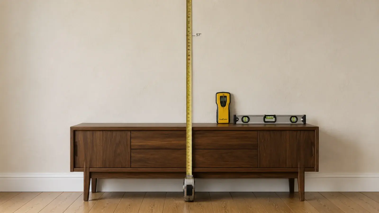 tape measure marking the fifty seven inch centre height for a wall mirror