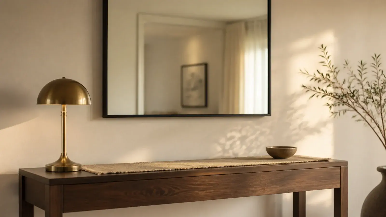 oversized rectangular mirror centred over a walnut entry console table