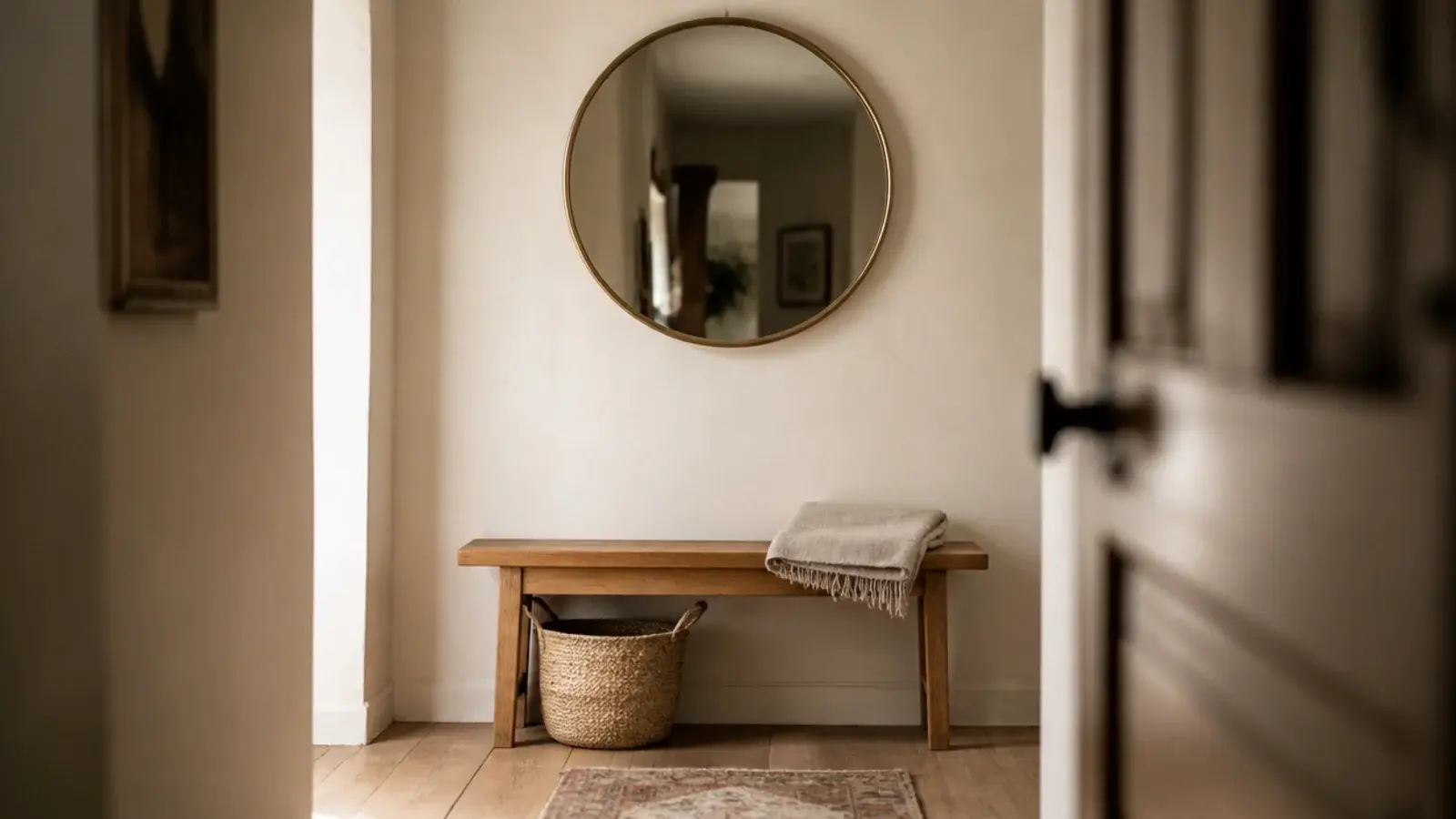 round brass mirror hung above a wooden bench in a warm hallway