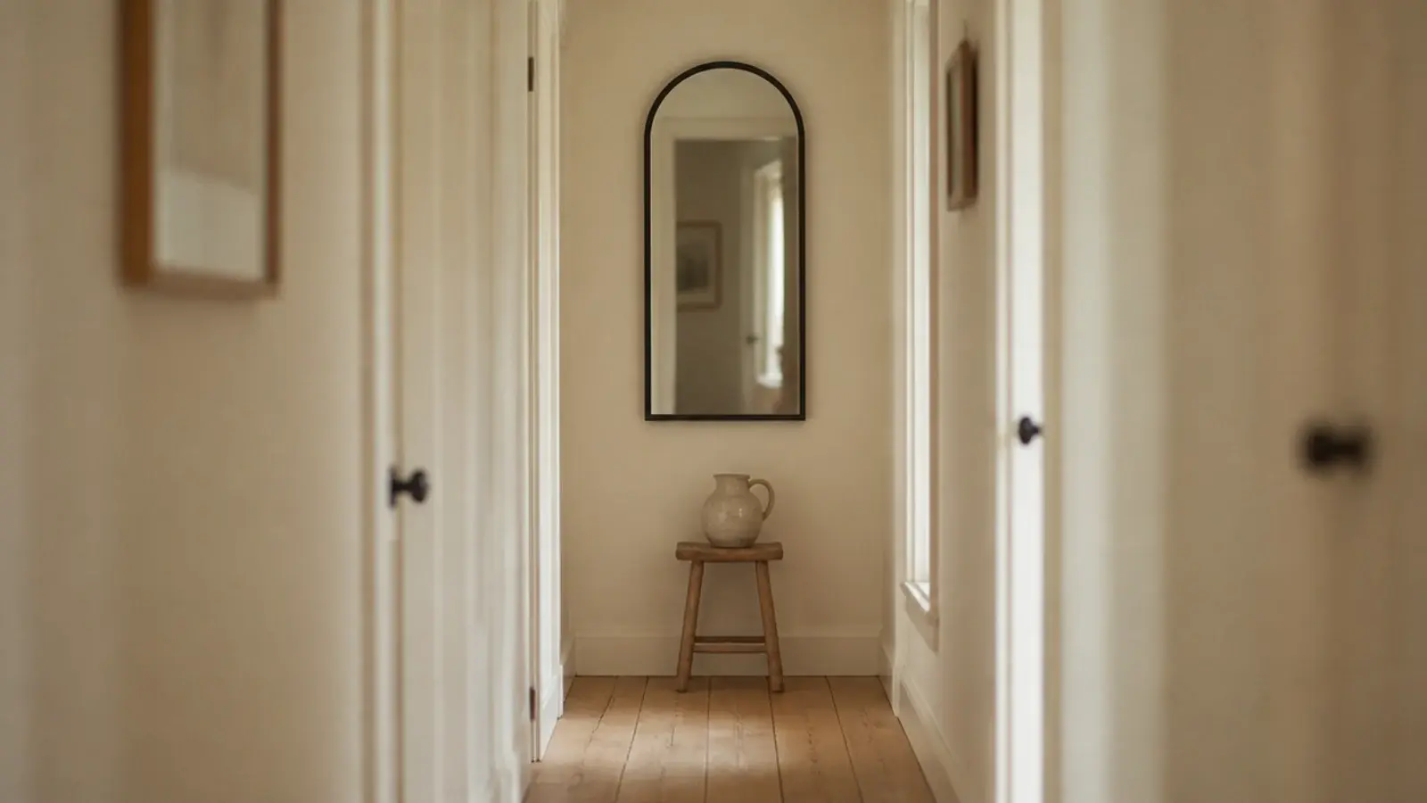 arched mirror filling the end wall of a narrow cream hallway