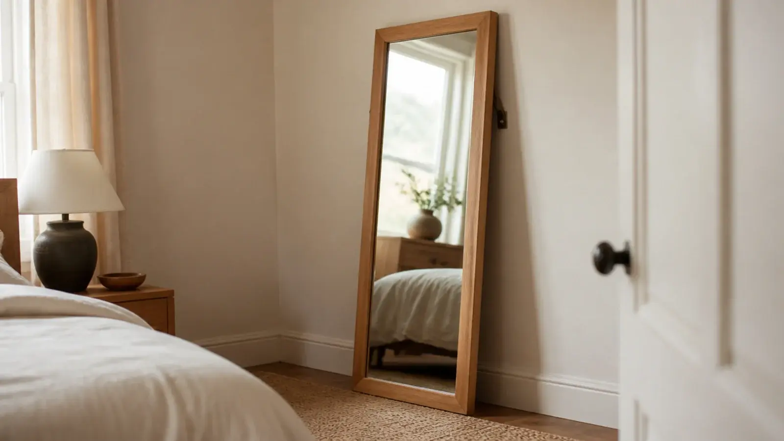 full length mirror leaning against a bedroom wall with a safety strap fitted