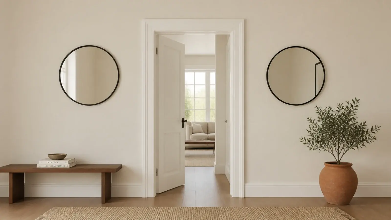 matching pair of small round mirrors flanking a cased doorway symmetrically