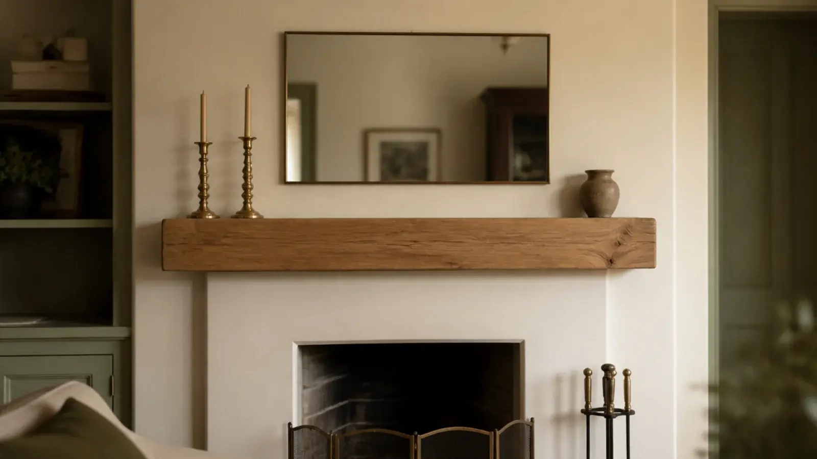 wide mirror above a fireplace mantel sized to two thirds the shelf width