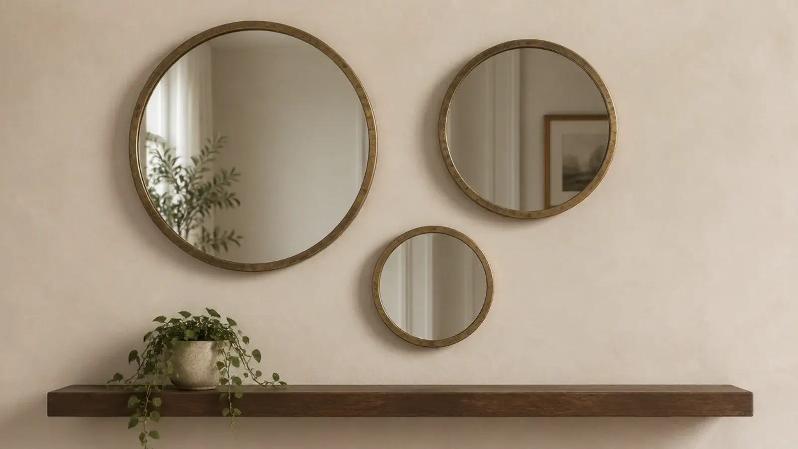 three small round mirrors grouped in a loose triangle on a cream wall