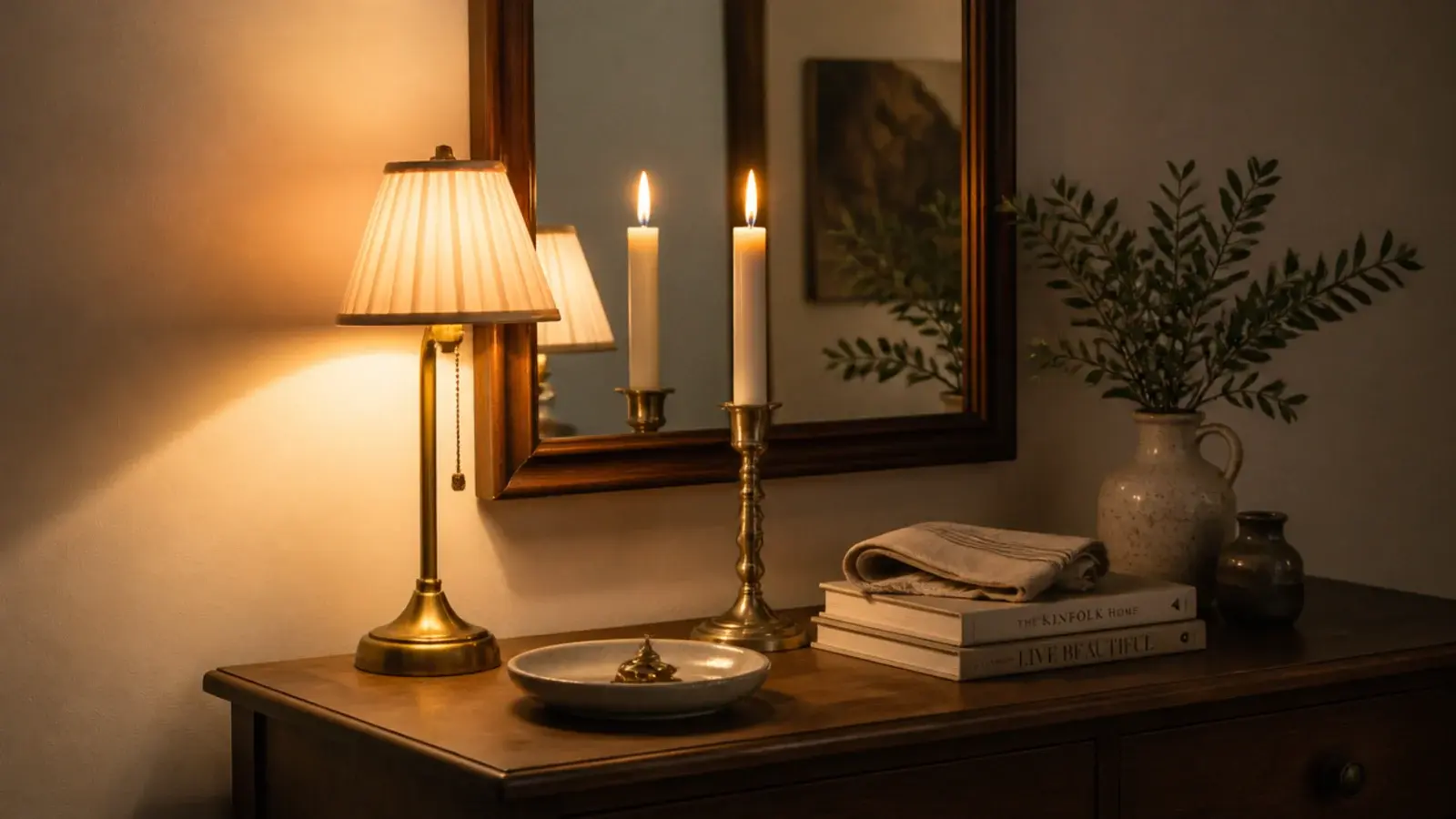 brass table lamp glowing in front of a small wall mirror at night