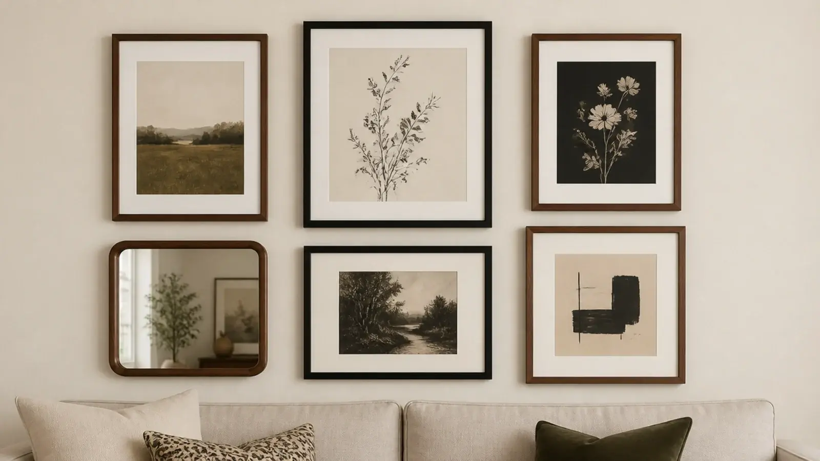 framed art gallery wall with one mirror included among the prints