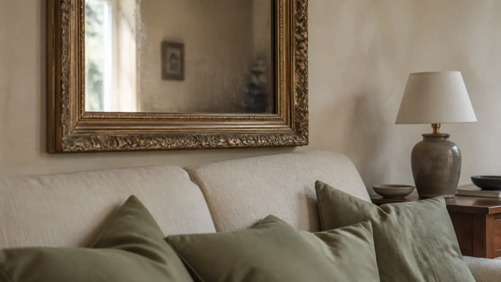 heavy framed mirror hung low above a linen sofa back and cushions