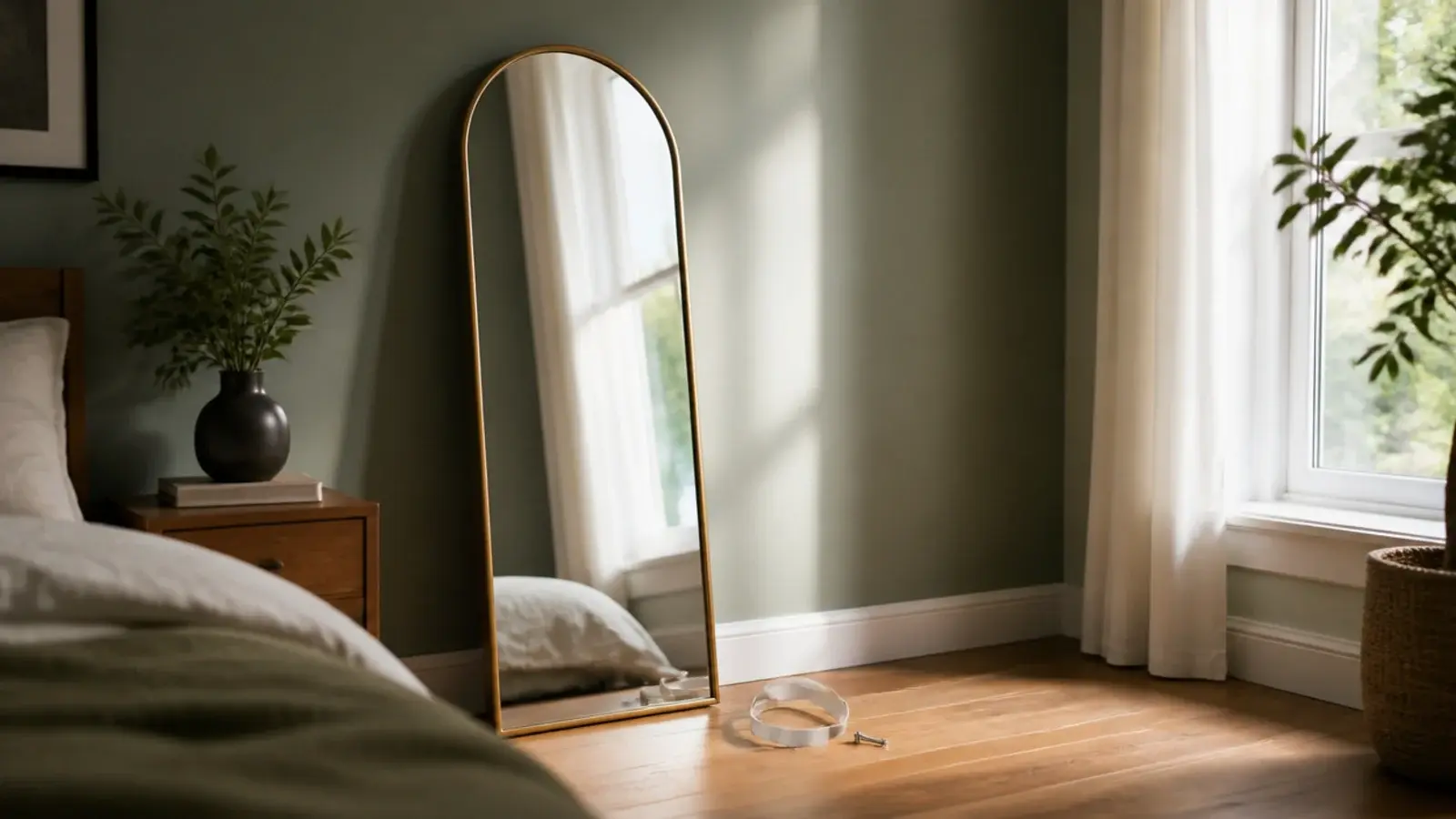 tall leaning floor mirror standing unsecured on a hard wooden floor