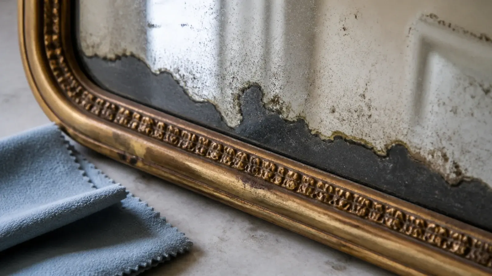 antique mirror showing lifted silvering along the bottom frame edge