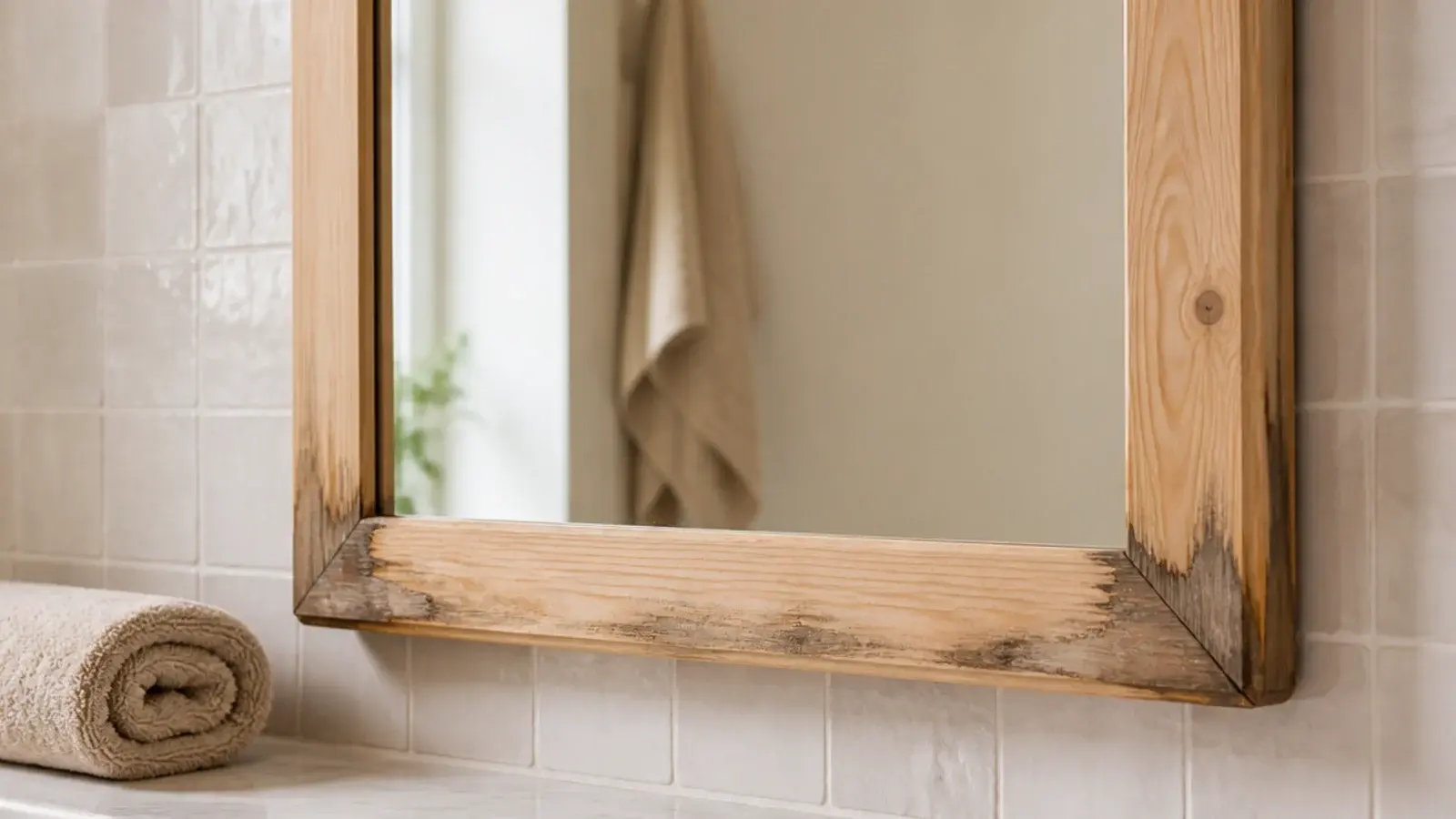 bathroom mirror with swollen raw timber frame and dark water staining
