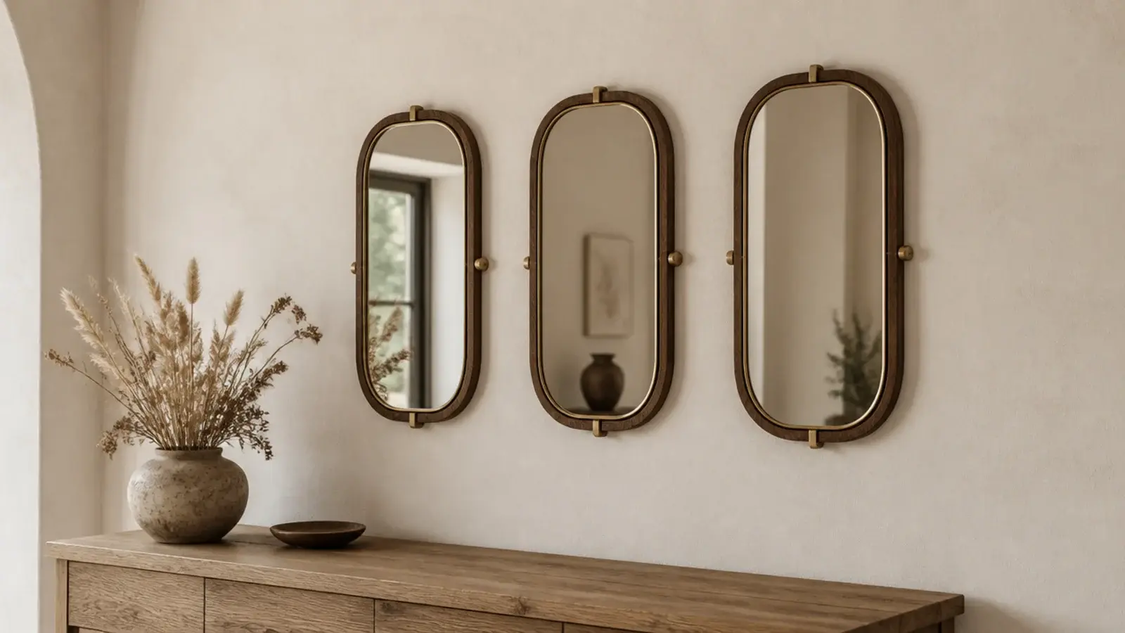 calmly corrected mirror wall with three frames evenly spaced and level