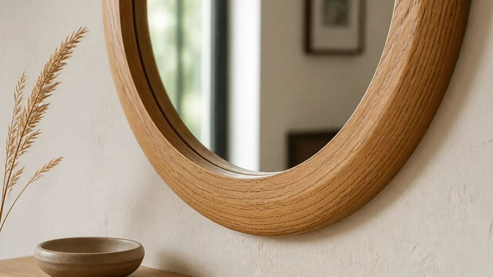 round oak framed mirror showing open grain against a pale wall