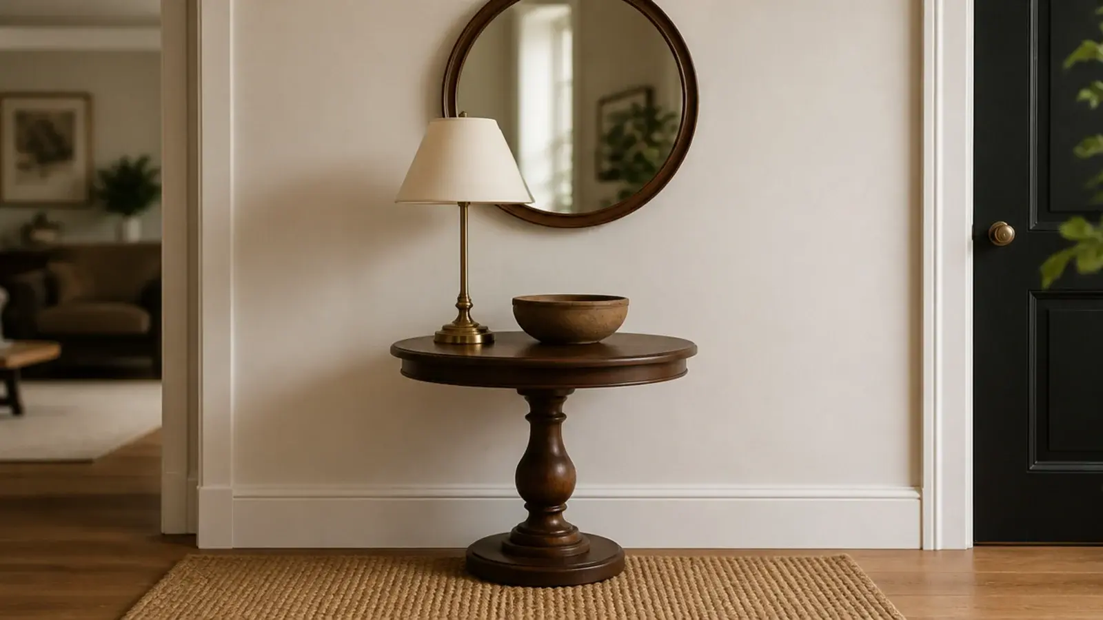 round wall mirror hung above a small round pedestal side table