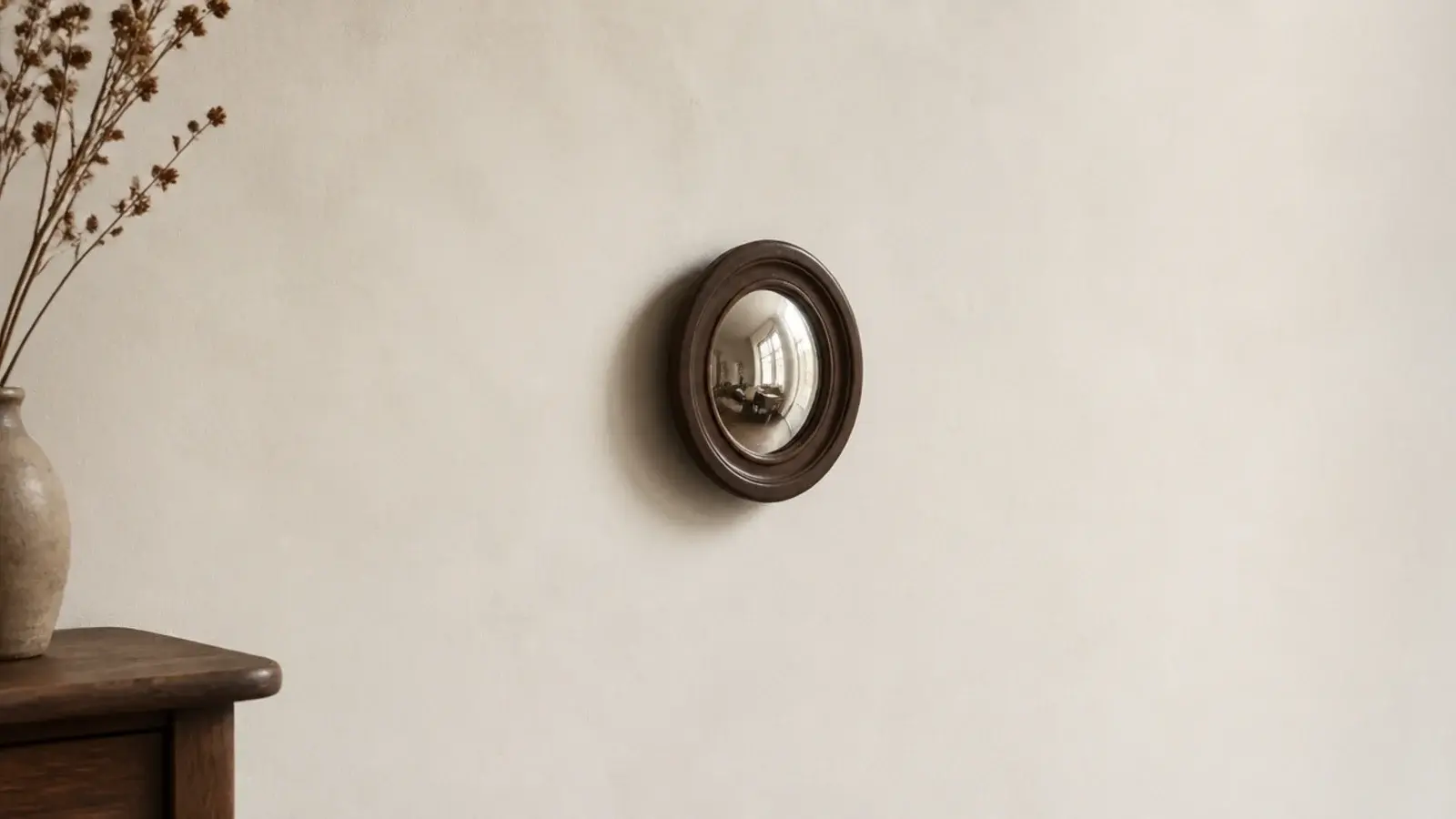small convex round mirror alone on a broad cream plaster wall