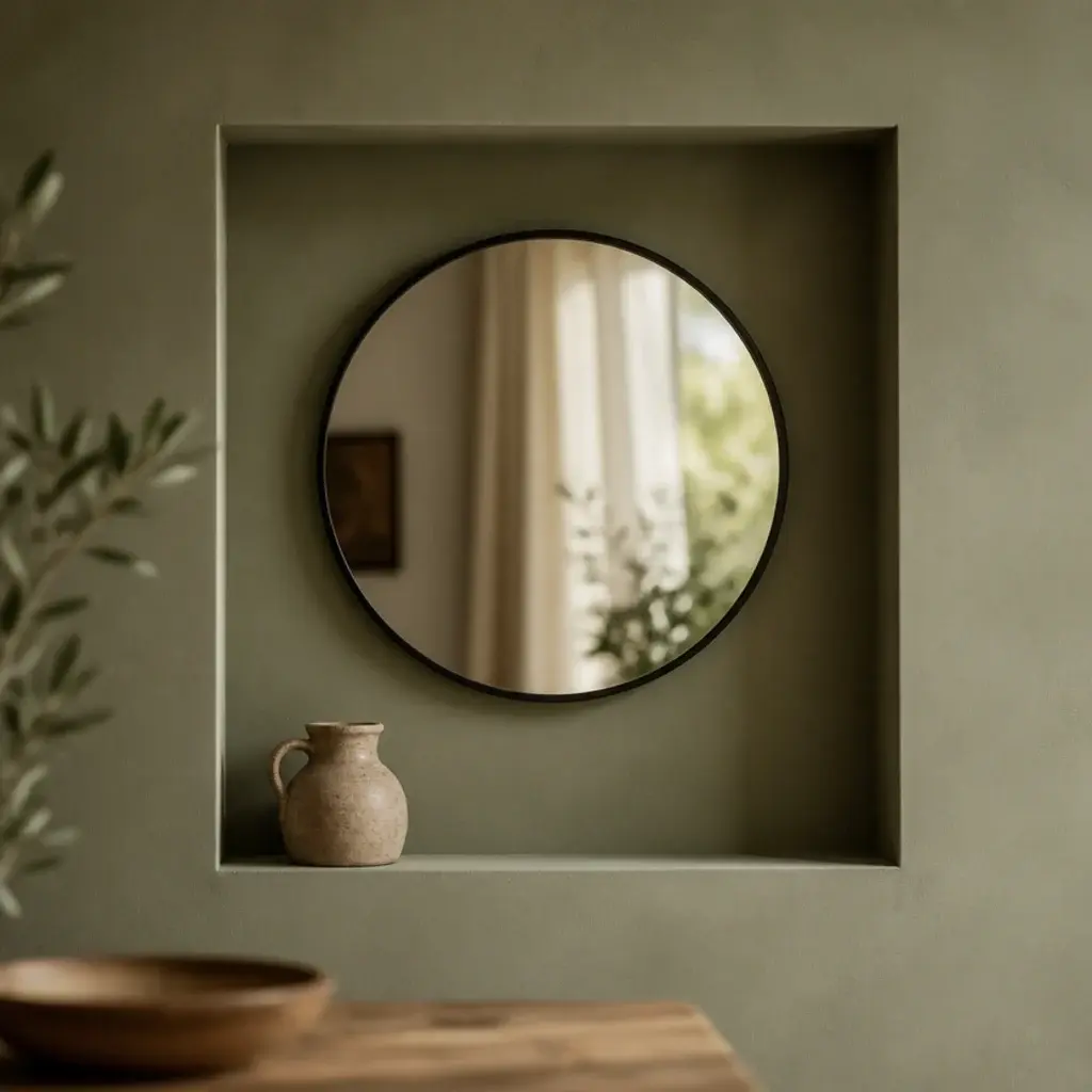 round mirror centred inside a square painted wall alcove recess