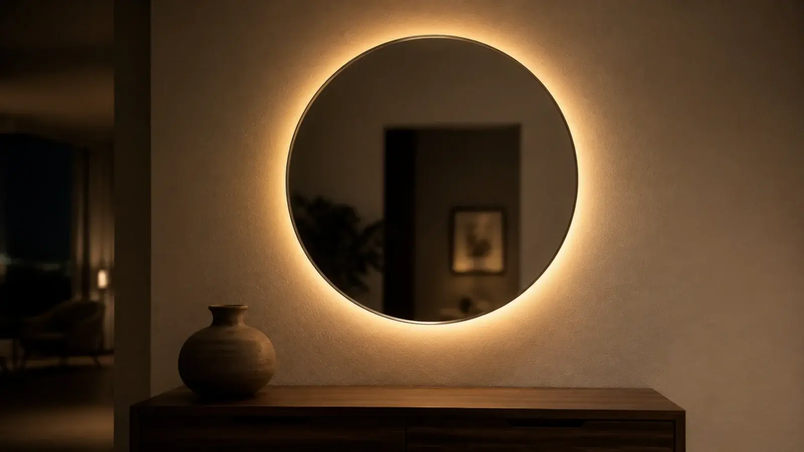 round mirror with a warm halo of light glowing behind its frame
