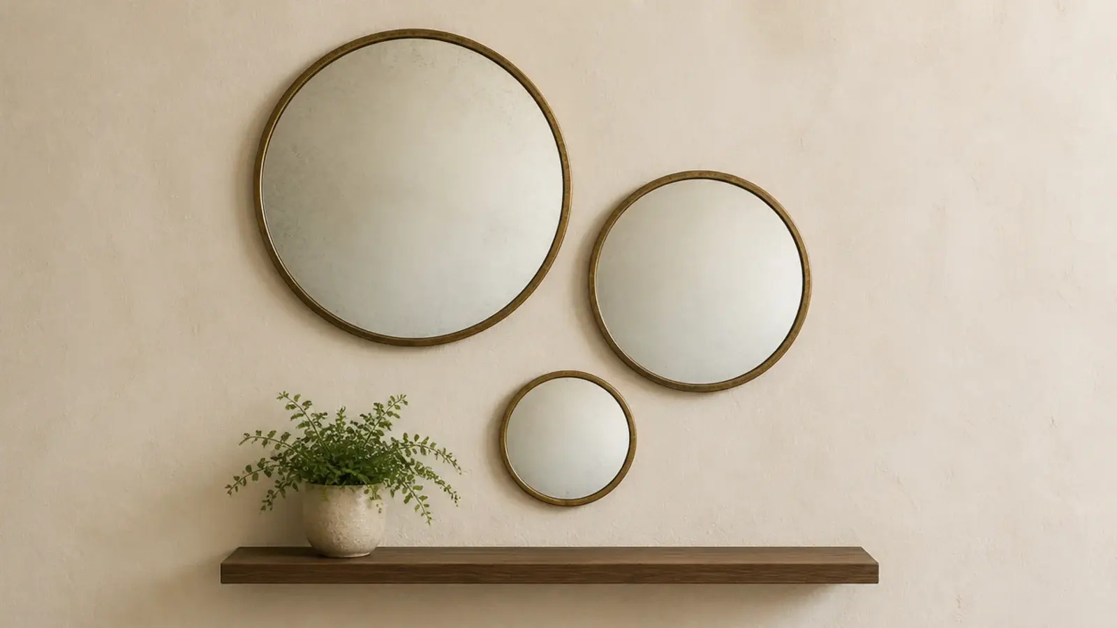 three round mirrors in graduated diameters grouped on a cream wall