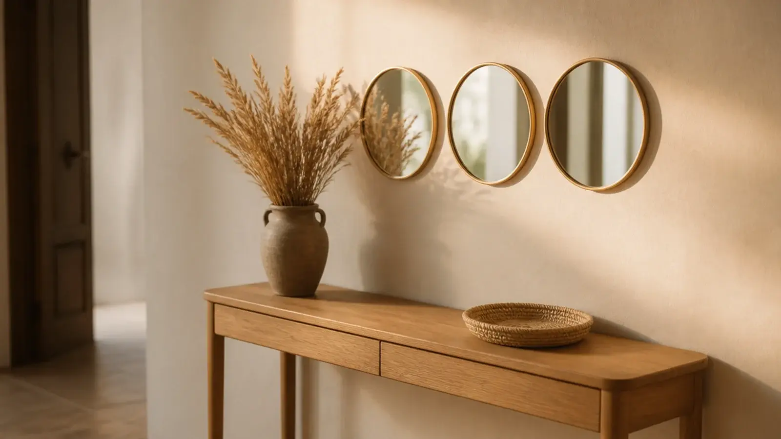 three small mirrors hung tightly in a row above a slim console table