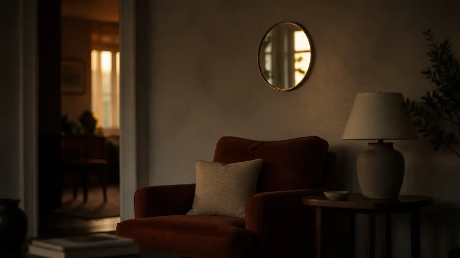 small round mirror brightening a dim corner beside a linen armchair
