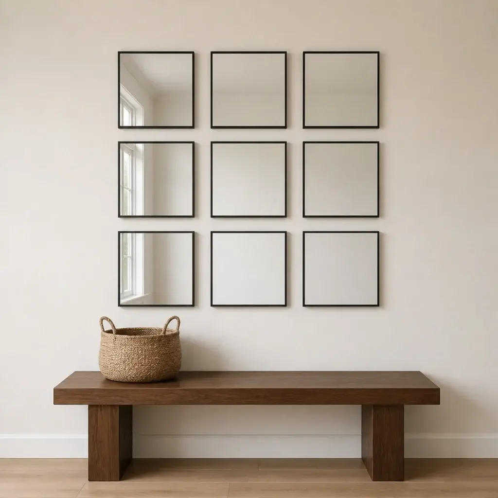 grid of nine identical small square mirrors on a large blank wall