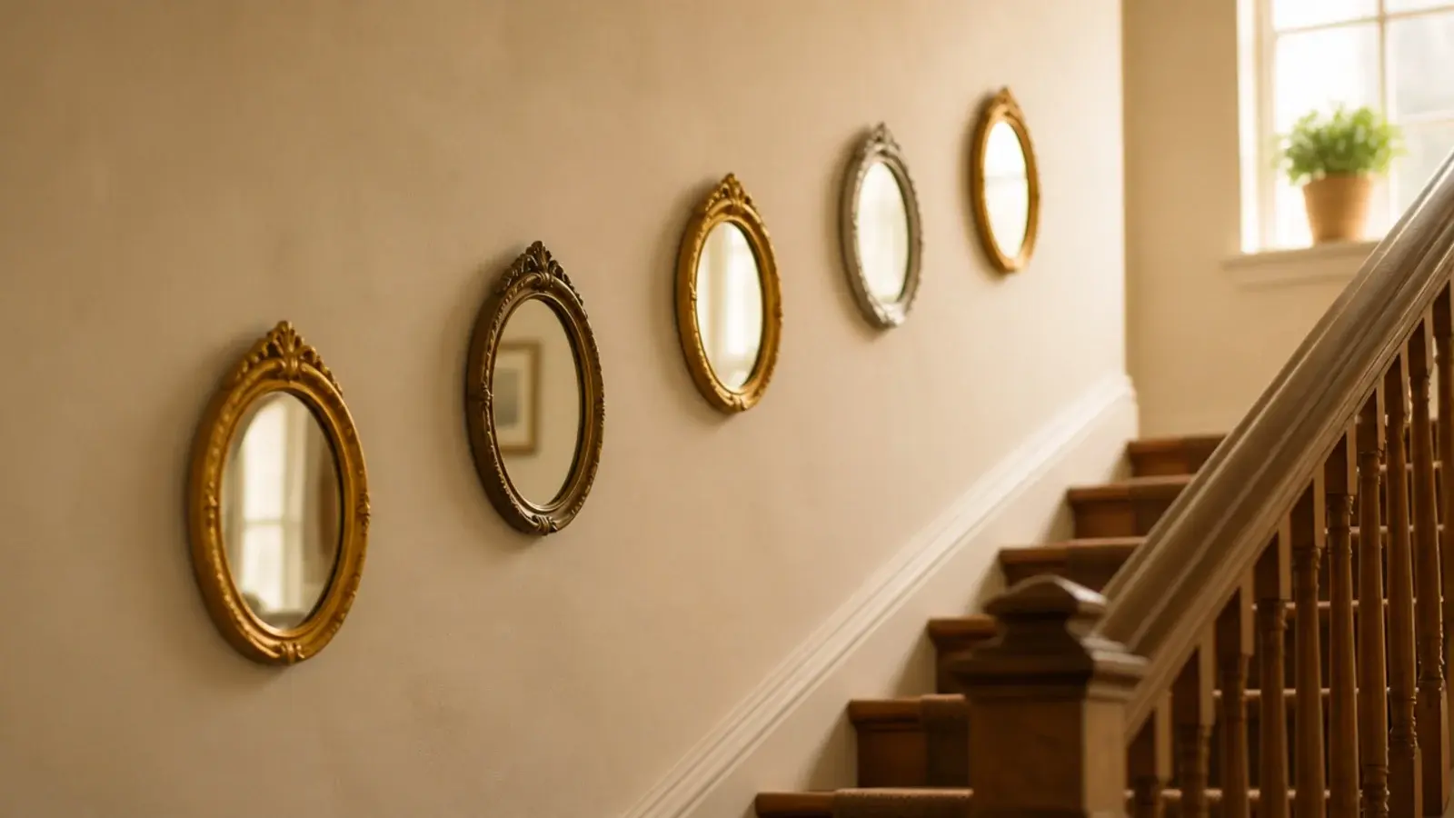 small oval mirrors stepping up a staircase wall beside the handrail