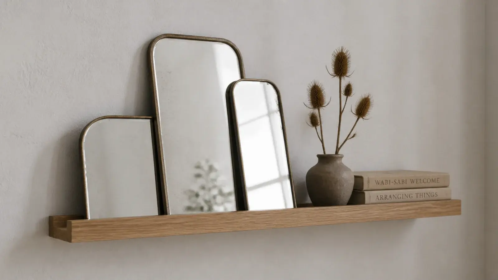 small mirrors leaning overlapped along a narrow oak picture ledge