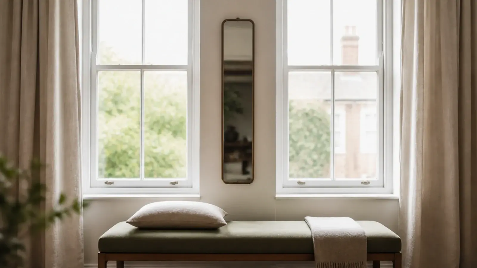 narrow mirror filling the slim pier of wall between two tall windows
