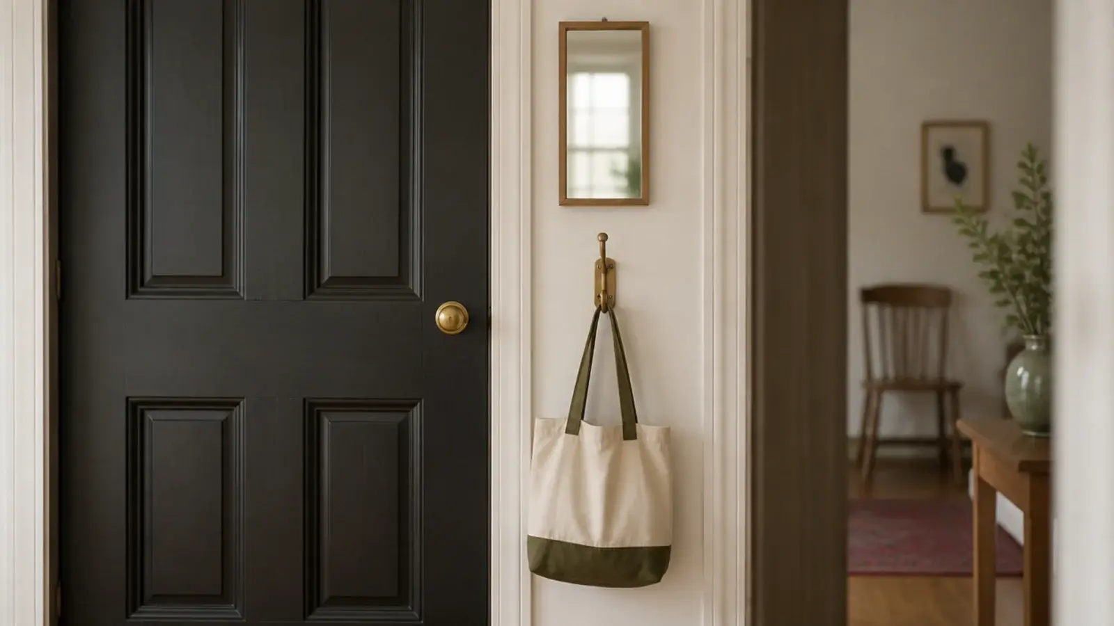 small mirror hung on the slim wall strip next to a panelled door