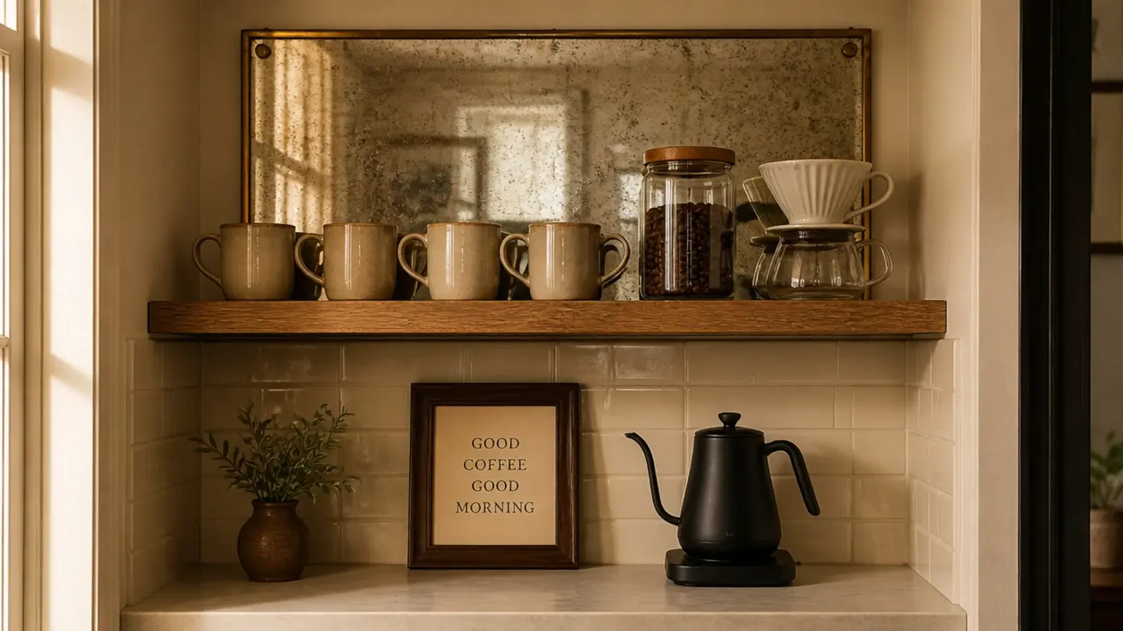 small mirror panel behind a coffee nook shelf holding mugs and beans