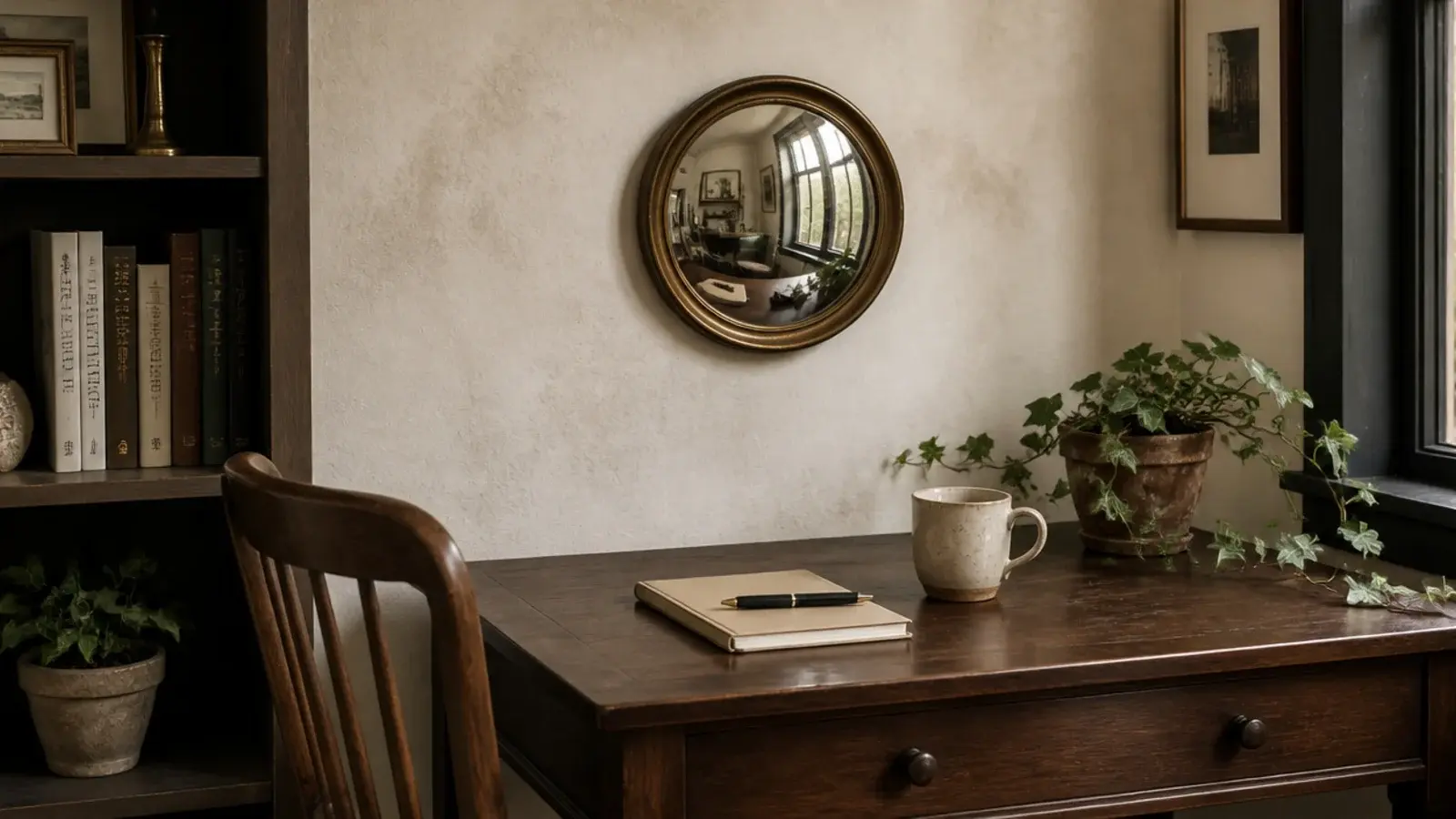 small convex mirror in a brass frame hung above a compact home desk