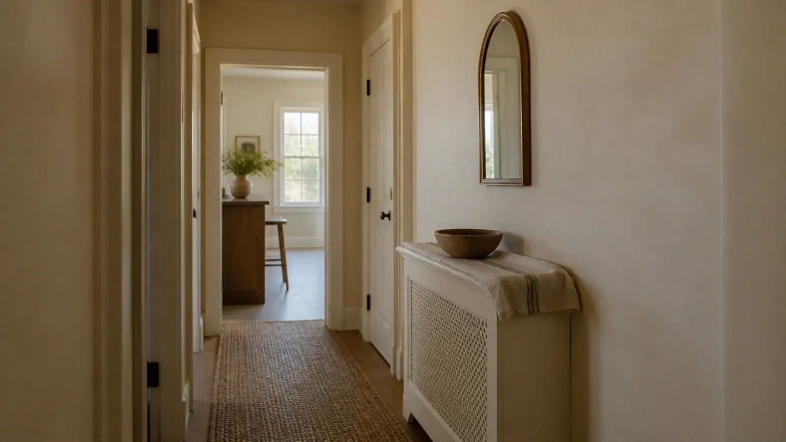 small mirror hung above a painted radiator cover in a narrow hallway