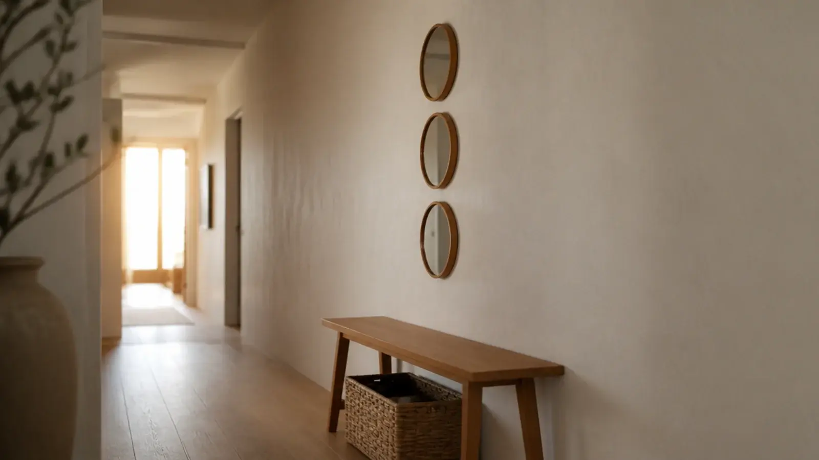 three small mirrors stacked vertically along a long corridor wall