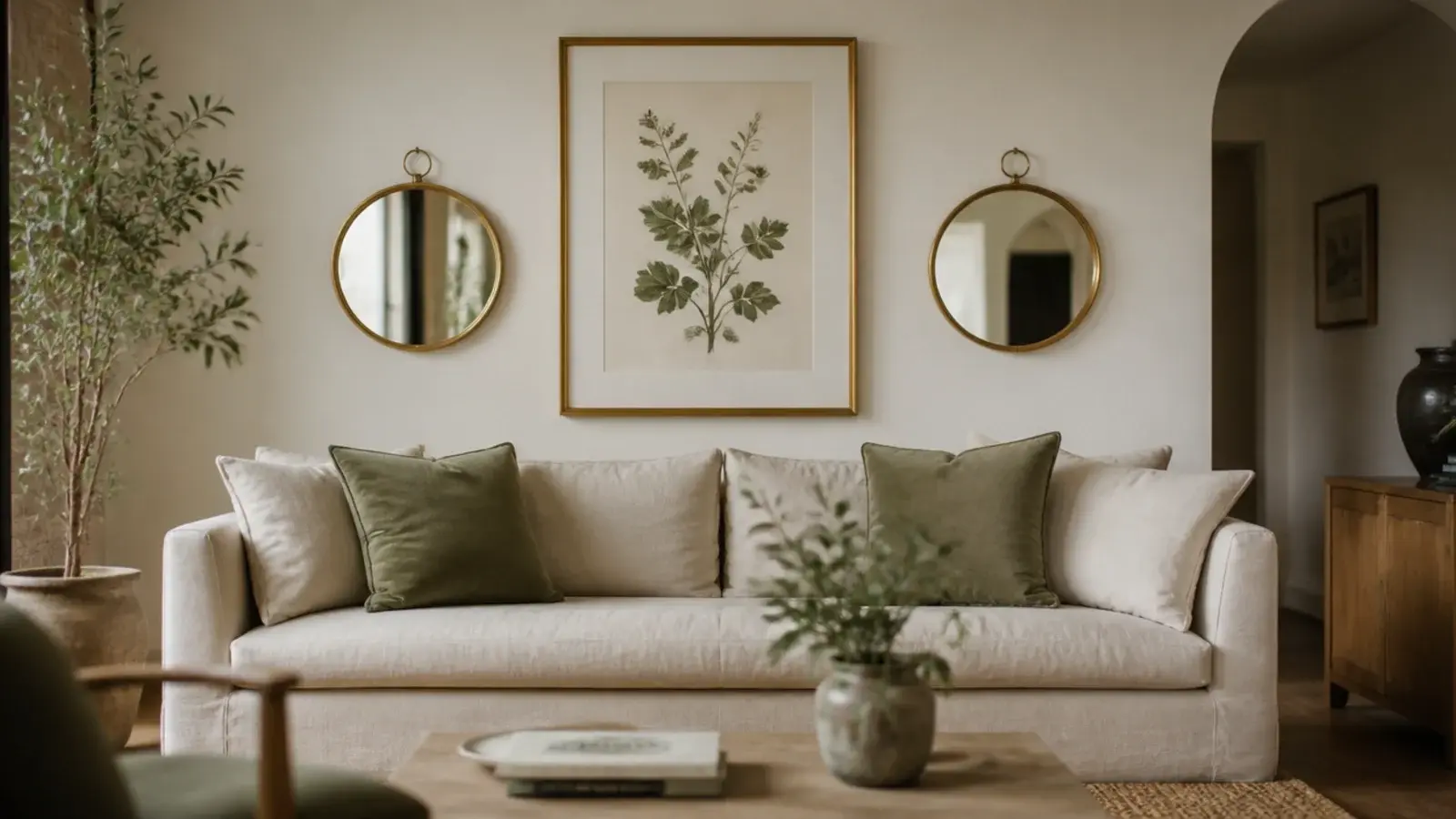pair of small mirrors flanking a large framed print above a sofa