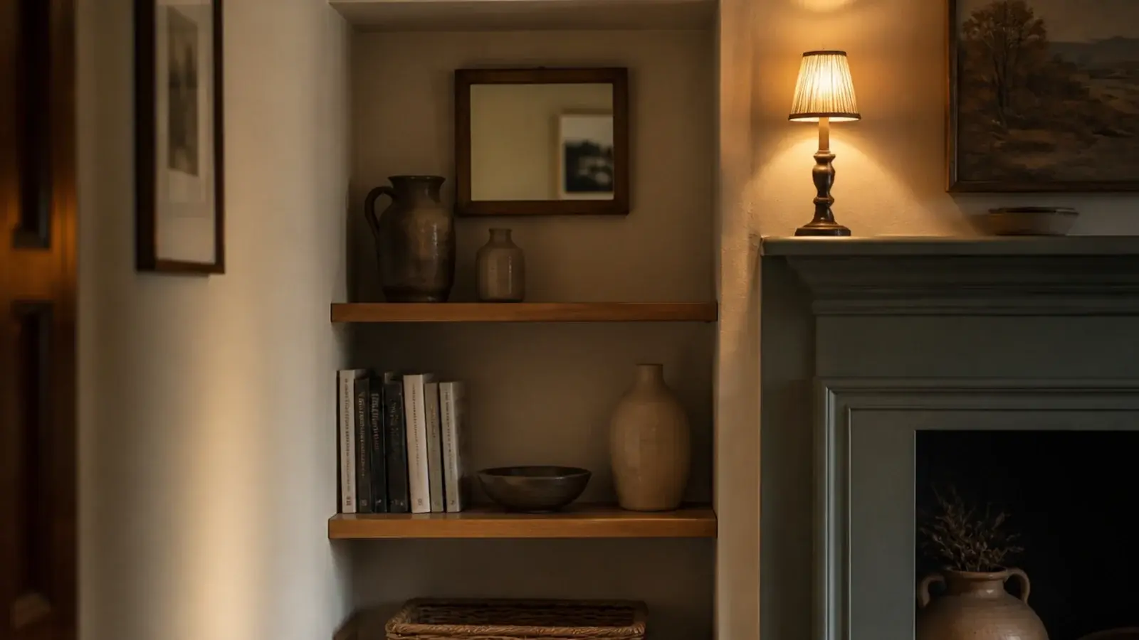 small mirror hung inside a shallow alcove next to a chimney breast