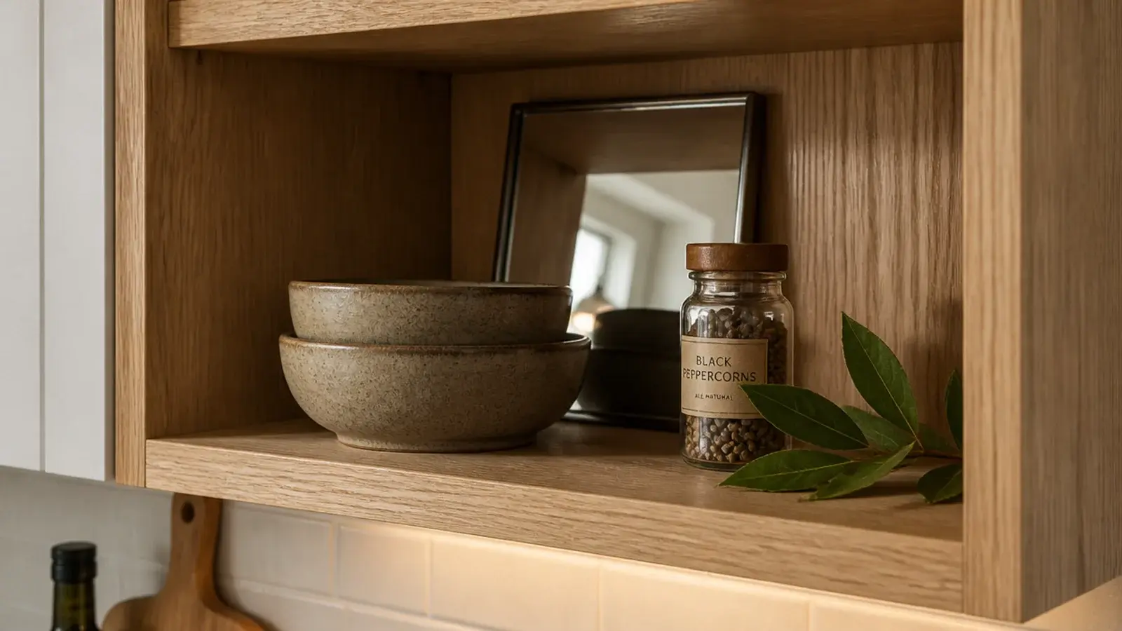 small mirror leaning at the back of an open kitchen shelf display
