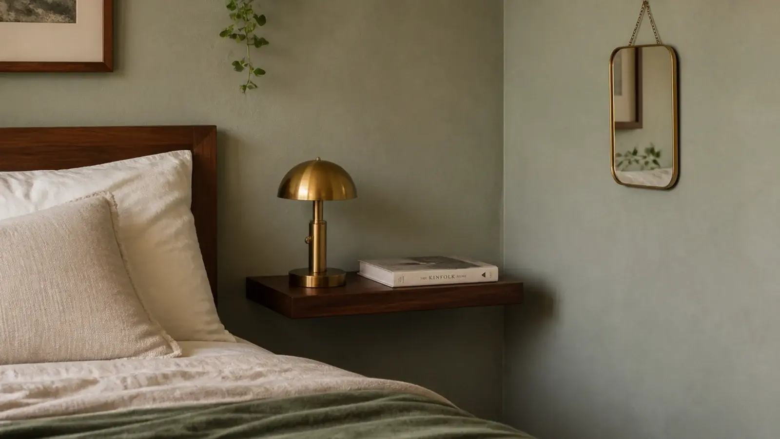 small mirror above a floating bedside shelf beside a linen dressed bed