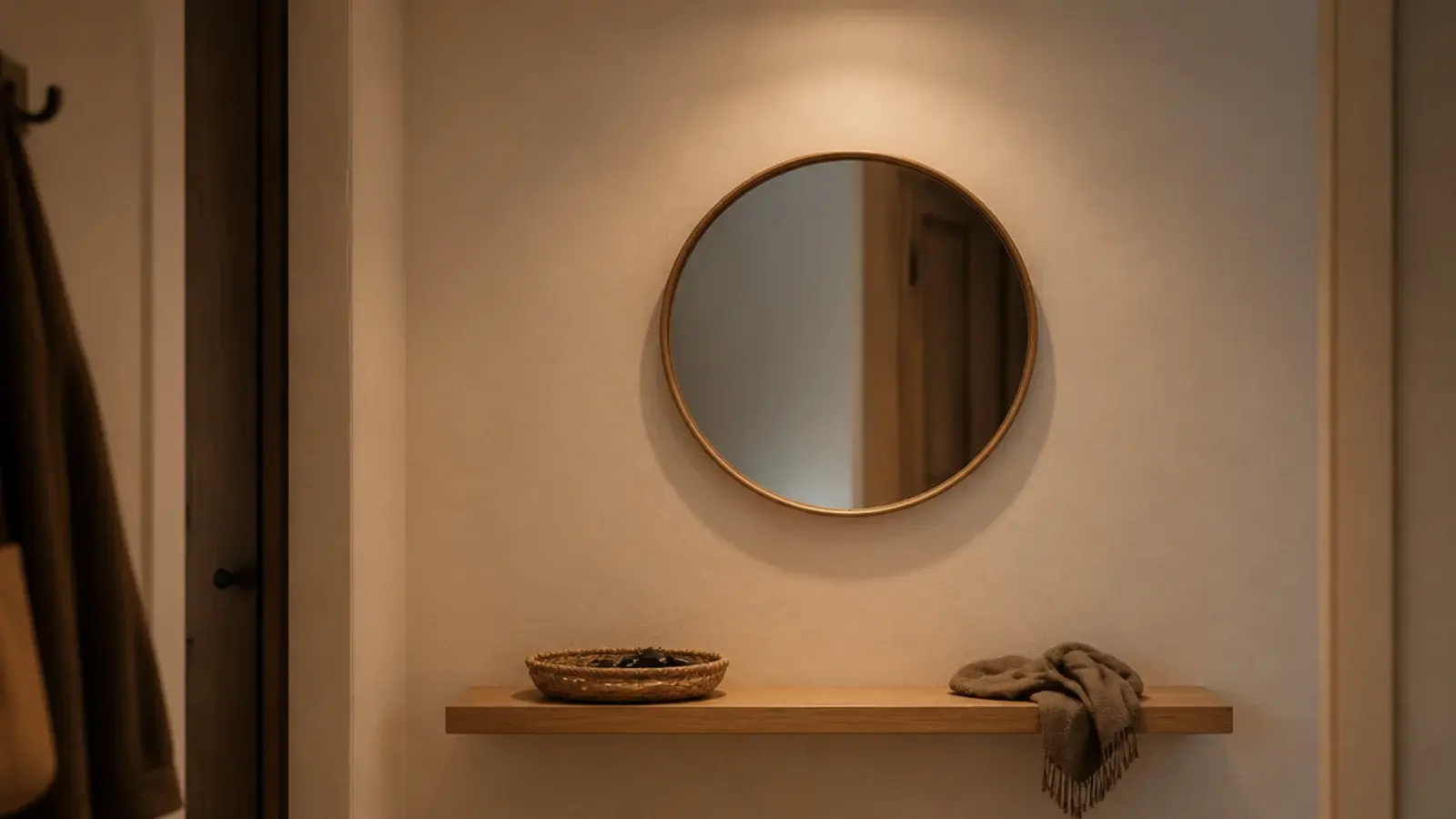 small round mirror centred at eye height in a windowless entry hall