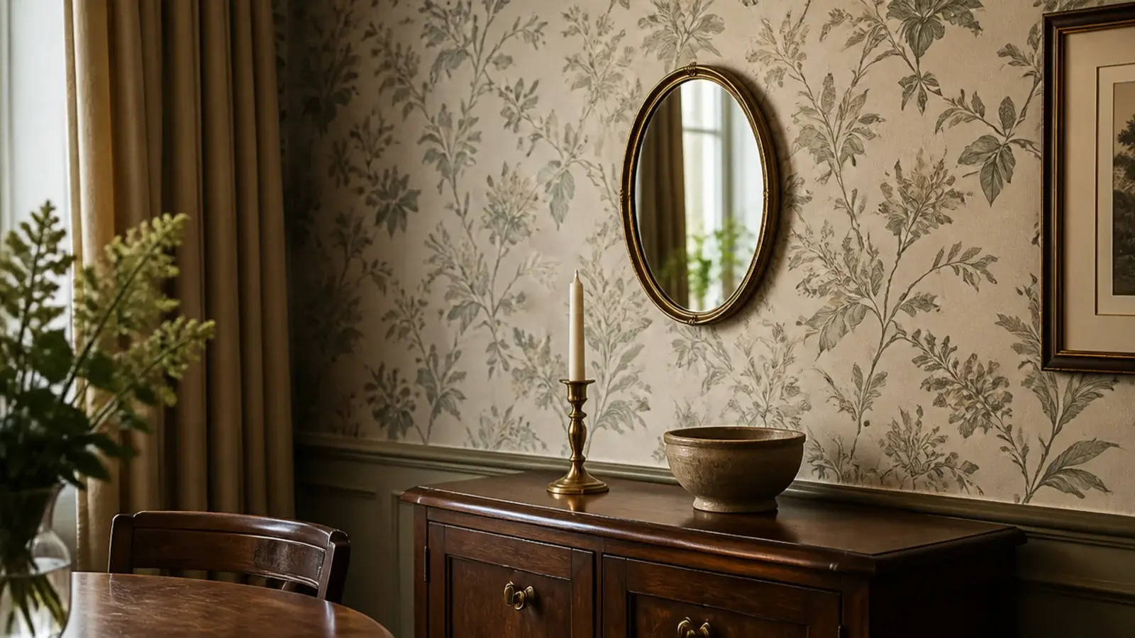 small mirror hung over patterned wallpaper in a papered dining corner