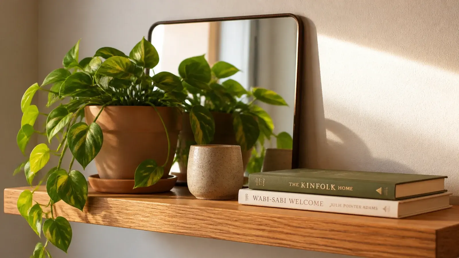 small mirror behind a trailing pothos doubling the foliage on a shelf