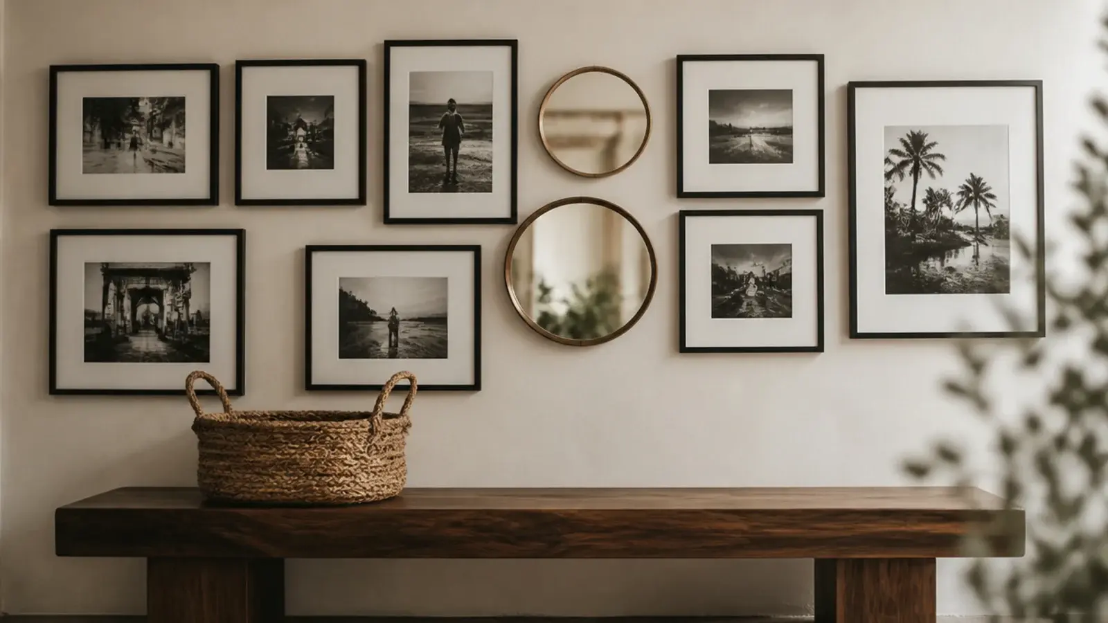 small mirrors mixed among framed photographs on a gallery wall