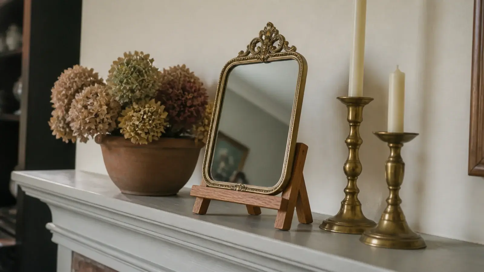 small mirror displayed on a wooden easel stand on a painted mantel