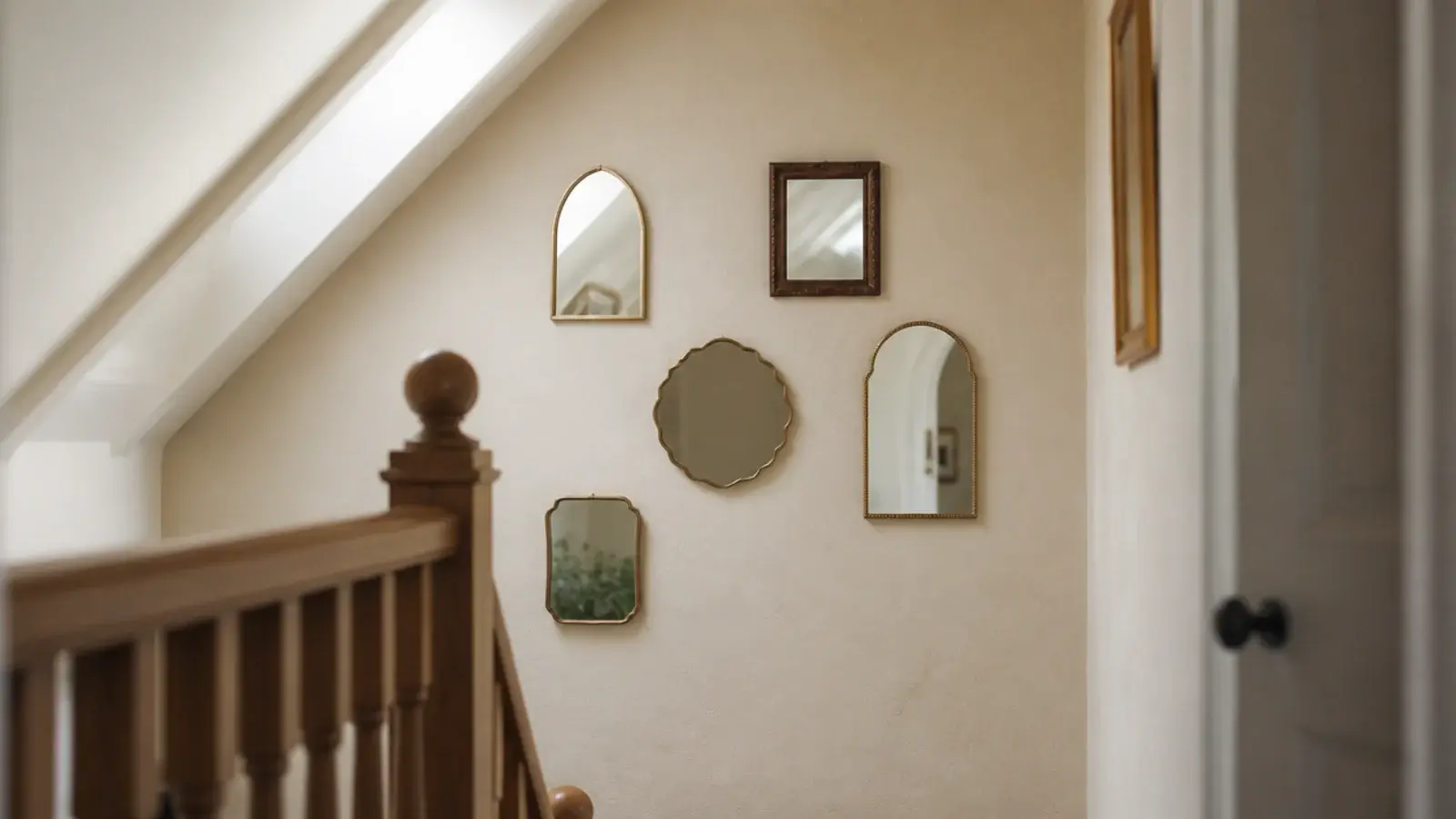 cluster of small mirrors filling a tall stairwell landing wall