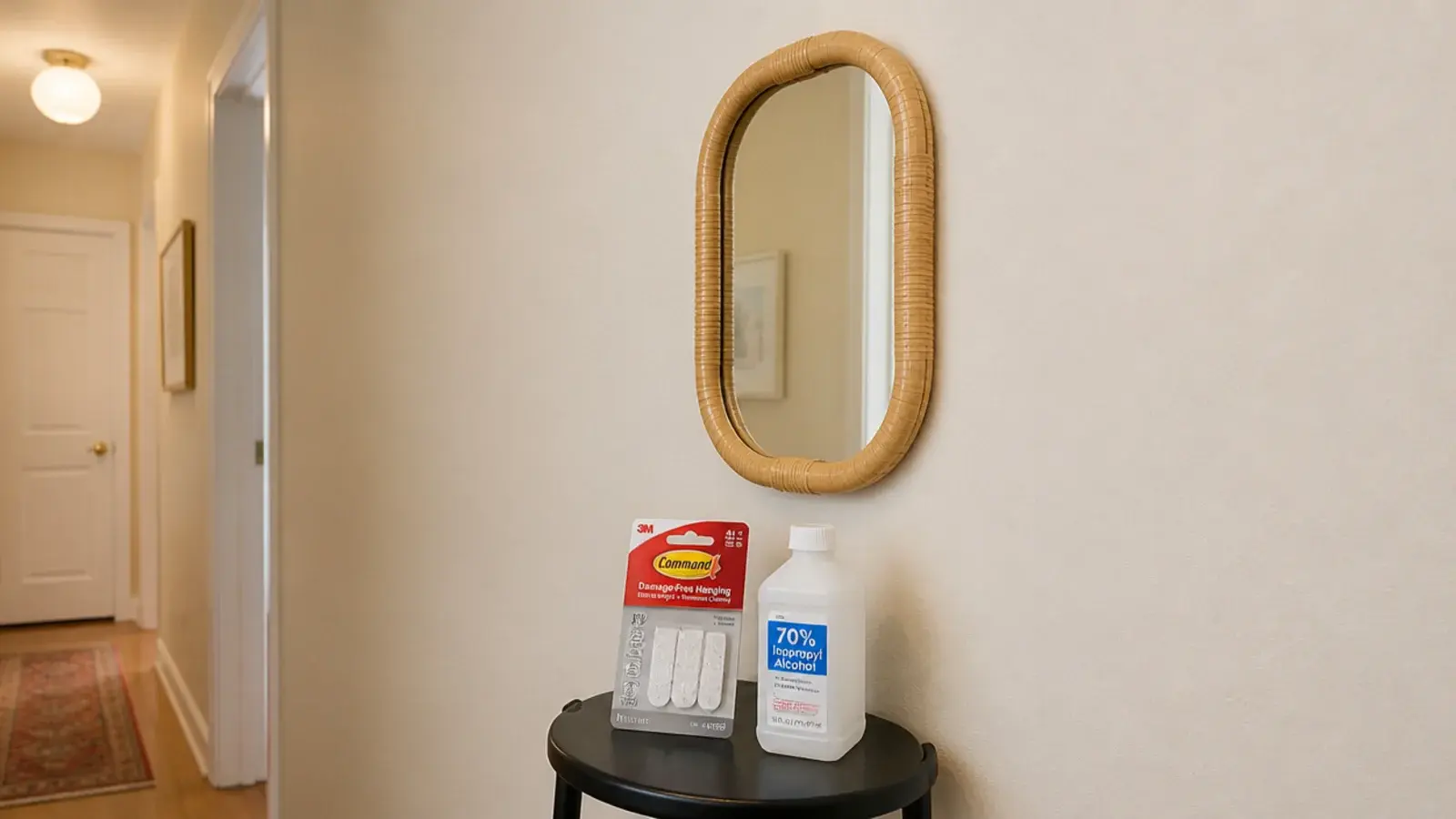 lightweight small mirror mounted on adhesive strips on a rental wall