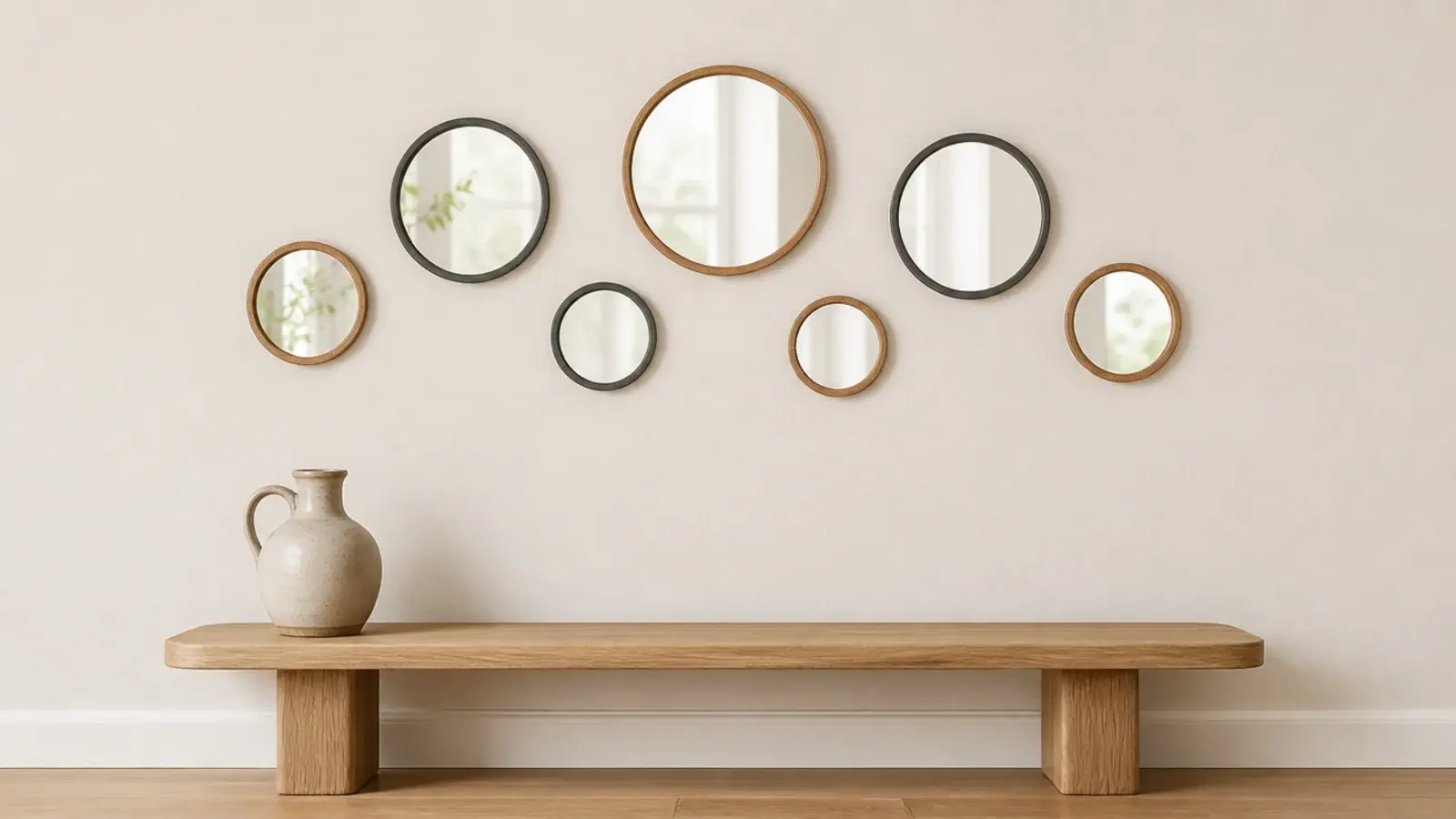 group of small round mirrors in varied sizes but one shared shape