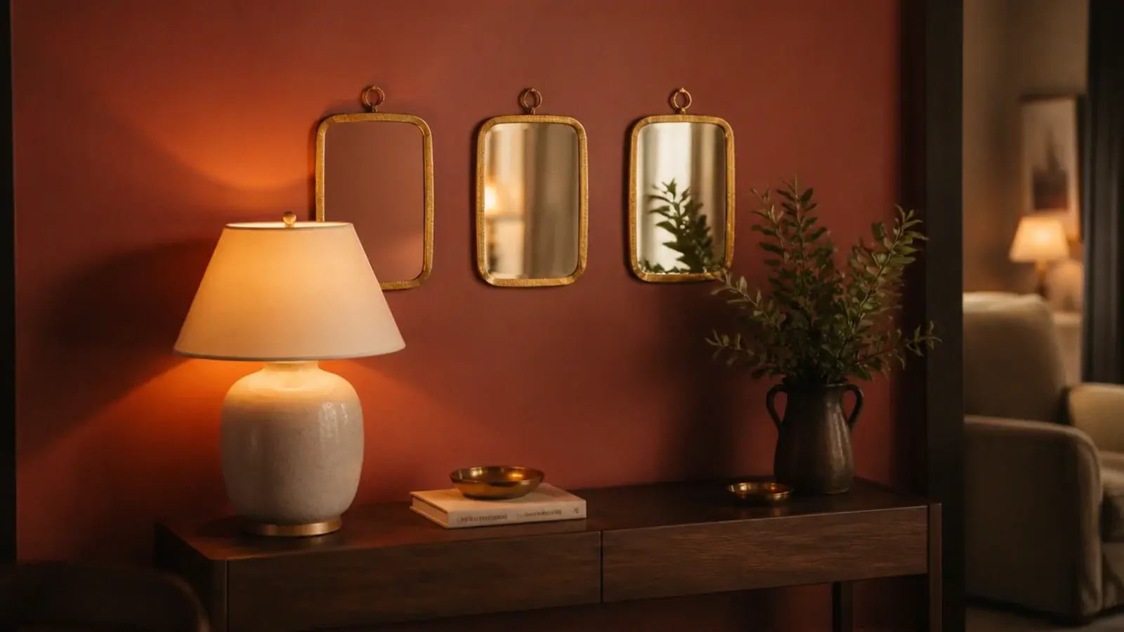 small mirrors hung on a deep clay painted wall for contrast