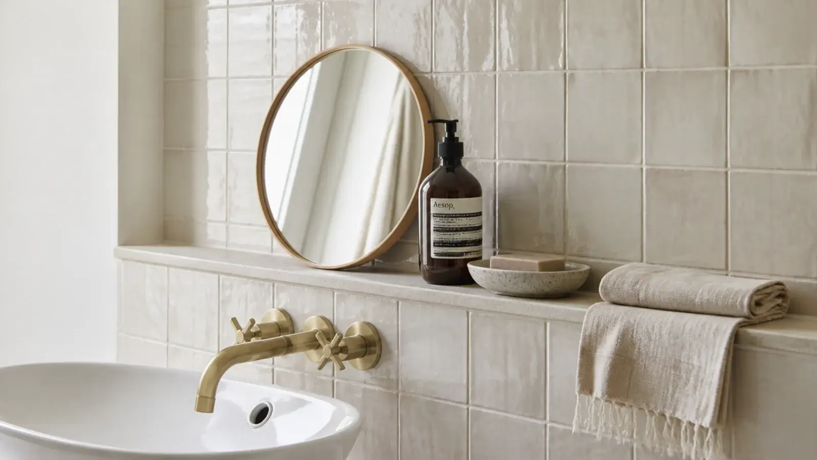 small mirror leaning on a bathroom shelf above a basin in a rental