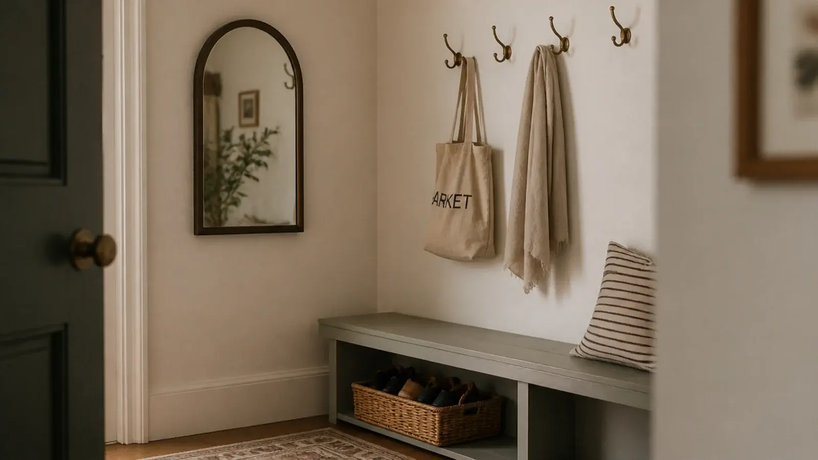small mirror above a mudroom bench with hooks and a basket below