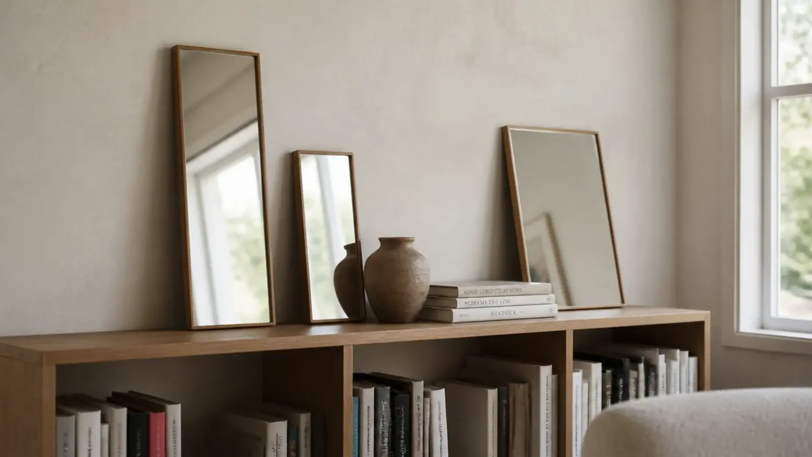 row of small mirrors leaning along the top of a low bookcase